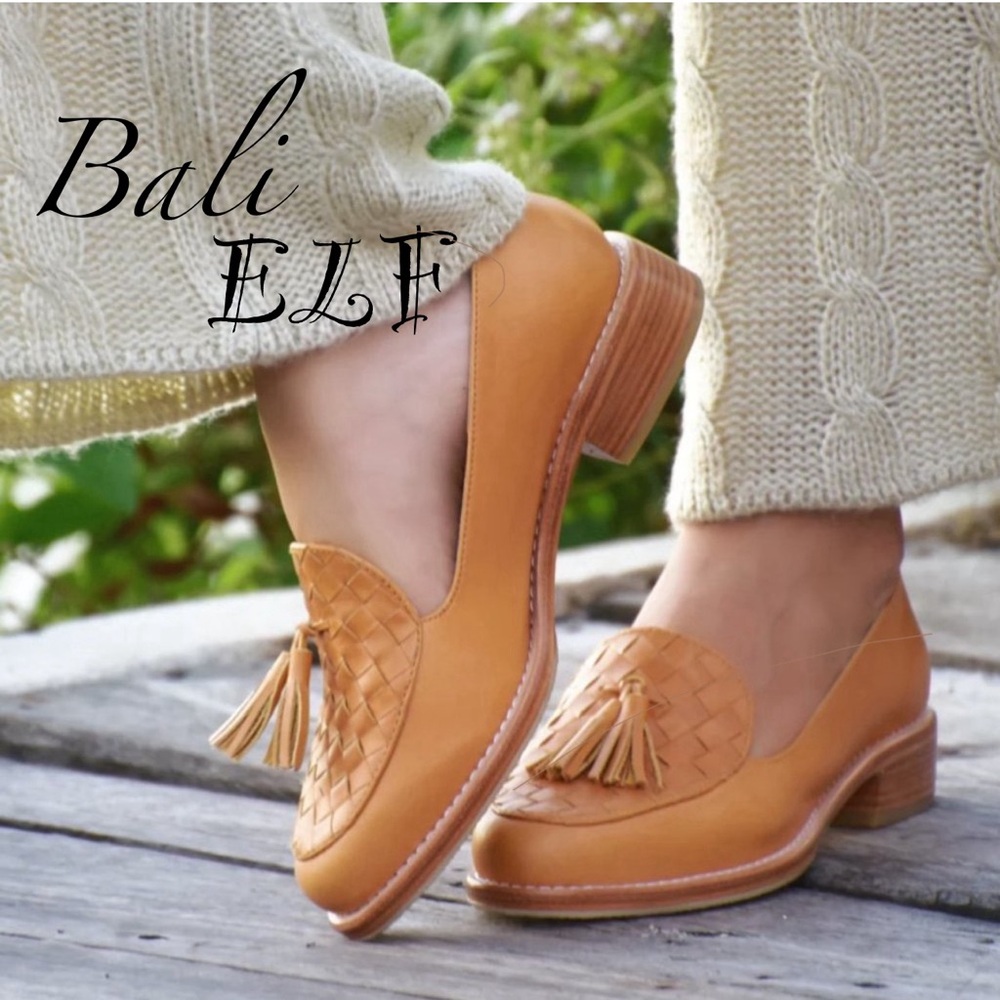 🆕New BaliELF Handmade Light Tan Nikita Woven Leather Loafers Tassel Preppy Sz 7